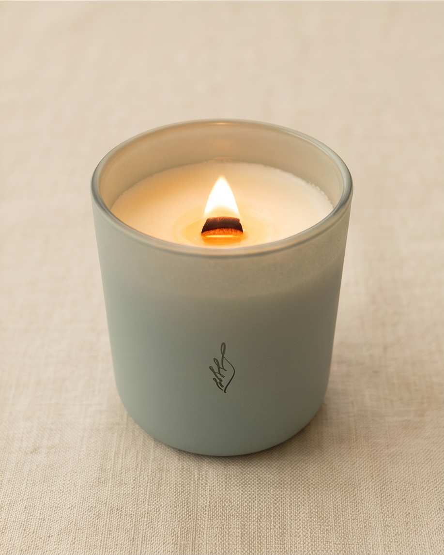 The Empowerment crystal-infused soy candle by The Phoenix Candles burning in a matte cloud blue reusable glass vessel with laser-engraved brand flame logo and wooden wick flame glowing warm amber, displayed lidless on a natural woven linen surface.