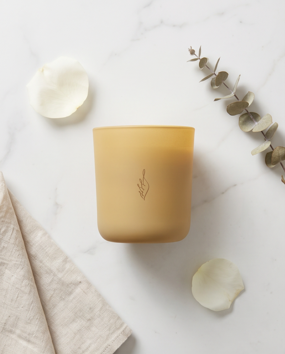 The Hope crystal-infused soy candle by The Phoenix Candles in a matte canary yellow reusable glass vessel with laser-engraved brand flame logo, displayed lidless on a white marble surface alongside scattered white flower petals, a silver eucalyptus sprig, and a folded natural linen cloth.