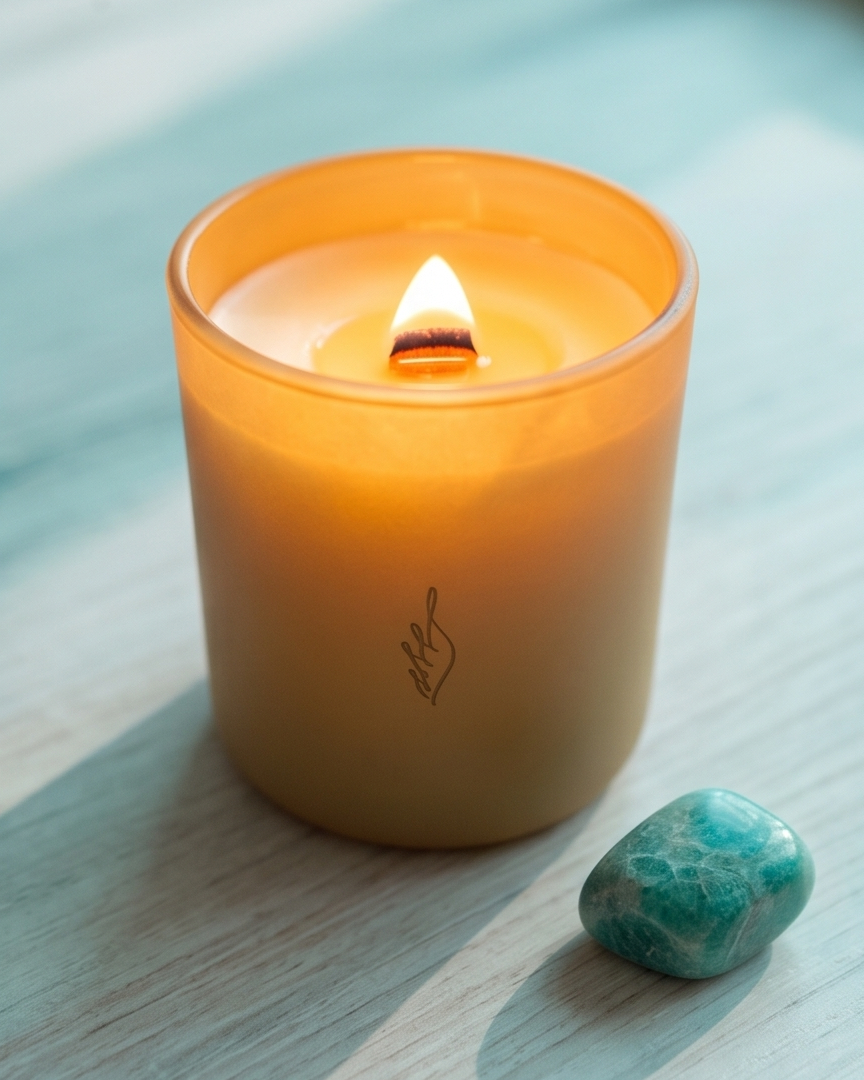 The Hope crystal-infused soy candle by The Phoenix Candles burning in a matte canary yellow glass vessel, wooden wick flame glowing warm amber against the wax, with a polished teal Amazonite tumbled crystal resting beside it on a light blue-grey wood surface with soft natural light and shadows.