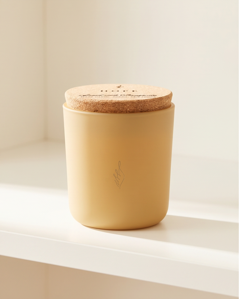 The Hope crystal-infused soy candle by The Phoenix Candles in a matte canary yellow reusable glass vessel with cork lid laser-engraved with "Hope – Infused with Amazonite, Blanc Citrus, Driftwood" and laser-engraved brand flame logo on the front, displayed on a white window ledge in soft natural light against a clean white background.