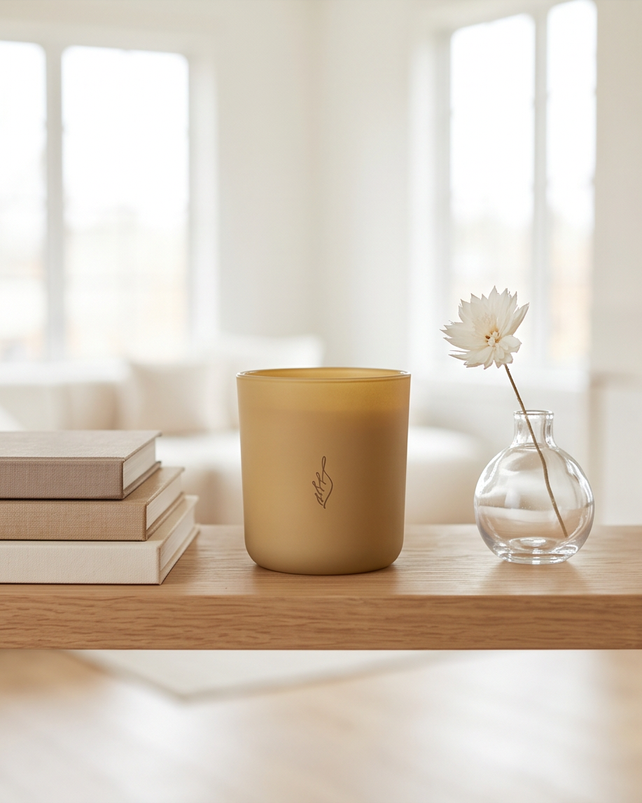 The Hope crystal-infused soy candle by The Phoenix Candles in a matte canary yellow reusable glass vessel with laser-engraved brand flame logo, styled on a light oak shelf alongside a stack of neutral linen-covered books and a single white flower in a small round clear glass vase, with a bright airy living room softly blurred in the background.