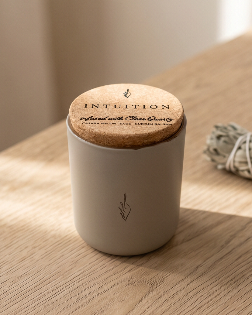 The Intuition crystal-infused soy candle by The Phoenix Candles in a matte stonewashed grey reusable glass vessel with cork lid laser-engraved with "Intuition – Infused with Clear Quartz, Casaba Melon, Sage, Gurjum Balsam" and laser-engraved brand flame logo on the front, displayed on a light oak wood surface with a bundled white sage smudge stick softly blurred in the background.