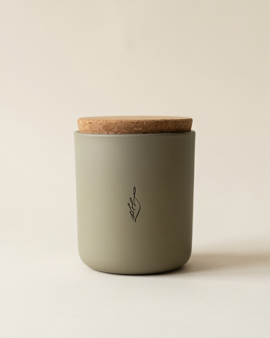 The Intuition crystal-infused soy candle by The Phoenix Candles in a matte stonewashed grey reusable glass vessel with natural cork lid and laser-engraved brand flame logo centered on the front, photographed straight-on against a clean warm cream background with a soft shadow at the base.