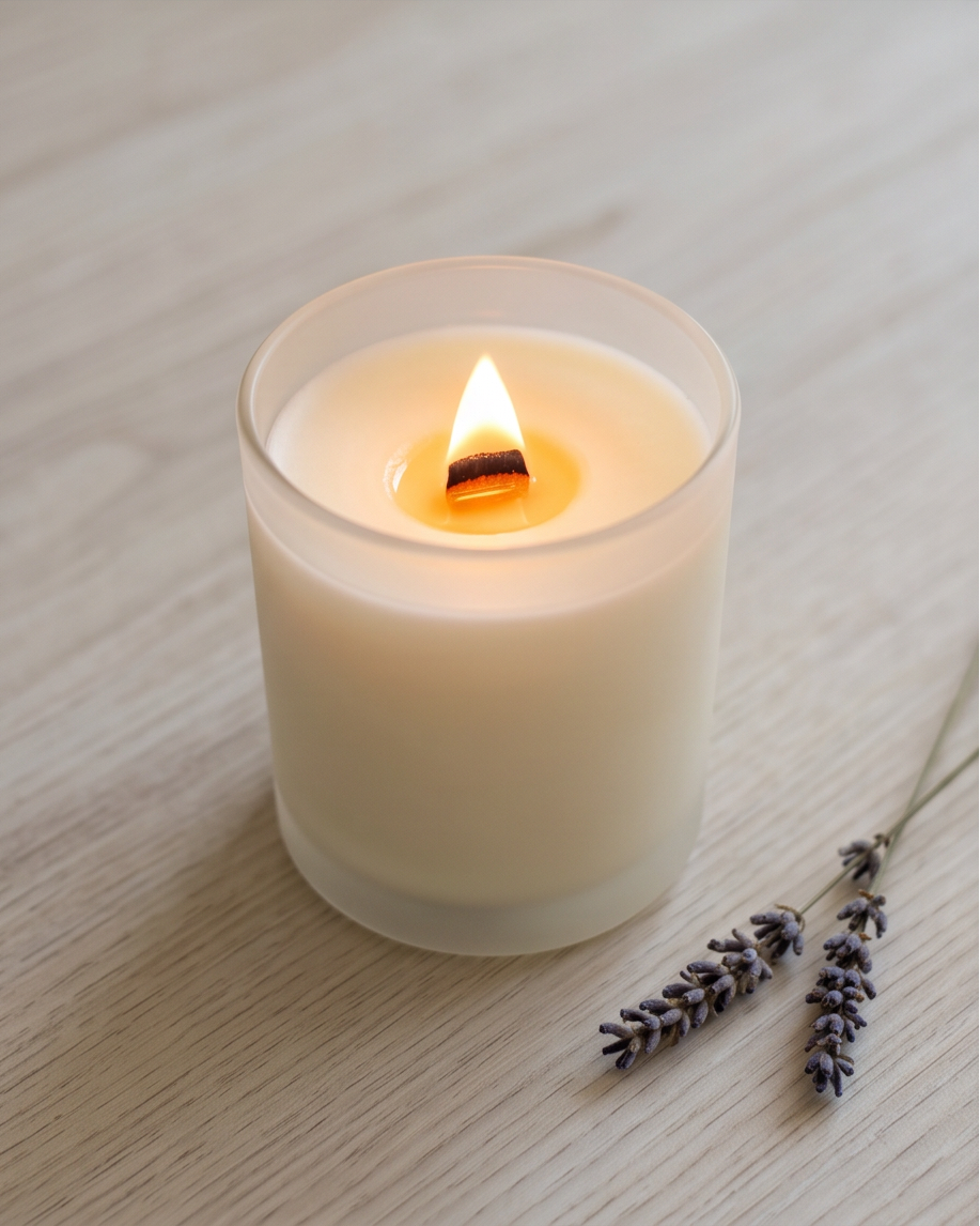 The Lab limited-edition Bergamot, Lavender, and Clean Cotton soy candle by The Phoenix Candles burning in a frosted clear glass vessel, wooden wick flame glowing warm against ivory wax, with two dried lavender stems resting beside it on a light wood surface.