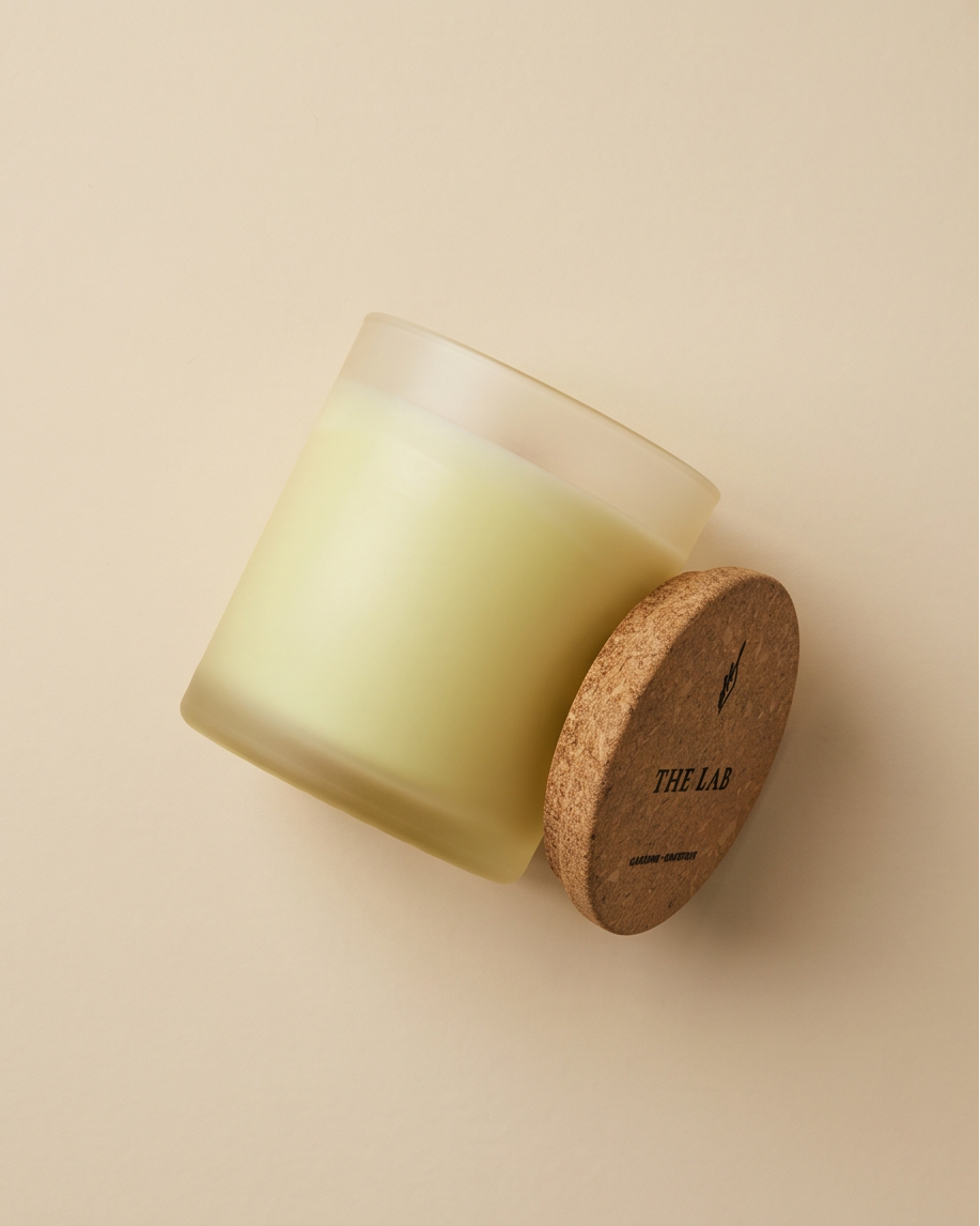The Lab limited-edition Gardenia and Grapefruit 7 oz soy candle by The Phoenix Candles, photographed at a tilted angle showing the frosted clear glass vessel on its side with ivory wax visible through the glass, cork lid laser-engraved with "The Lab – Gardenia, Grapefruit" leaning against it on a warm cream background.