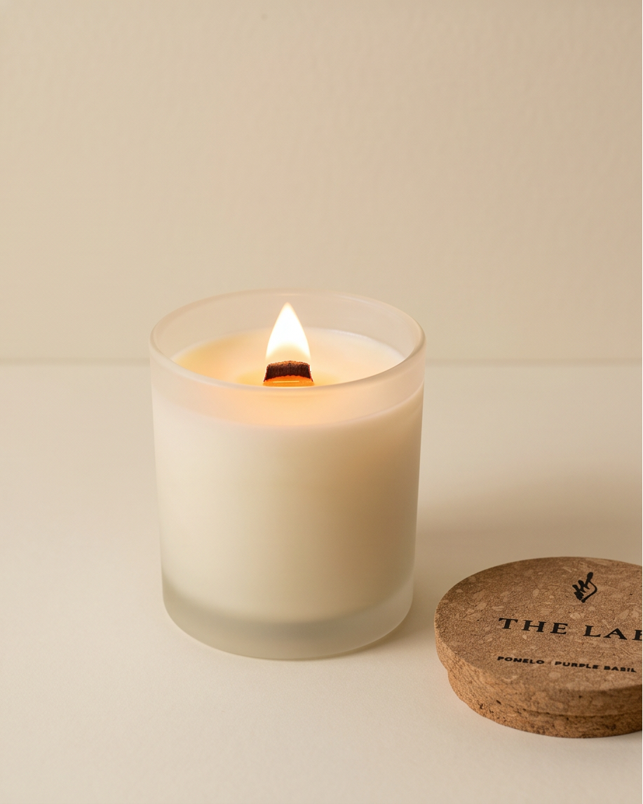 The Lab limited-edition Pomelo and Purple Basil soy candle by The Phoenix Candles burning in a frosted clear glass vessel, wooden wick flame glowing warm against ivory wax, with the cork lid laser-engraved "The Lab – Pomelo, Purple Basil" resting beside it on a clean neutral surface against a warm cream background.