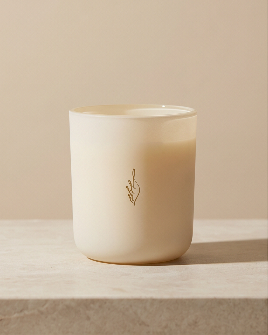 The Lab limited-edition soy candle by The Phoenix Candles in a lidless ivory matte glass vessel with a laser engraved brand flame logo, displayed on a marble surface with warm natural light casting a soft shadow, against a neutral cream background.