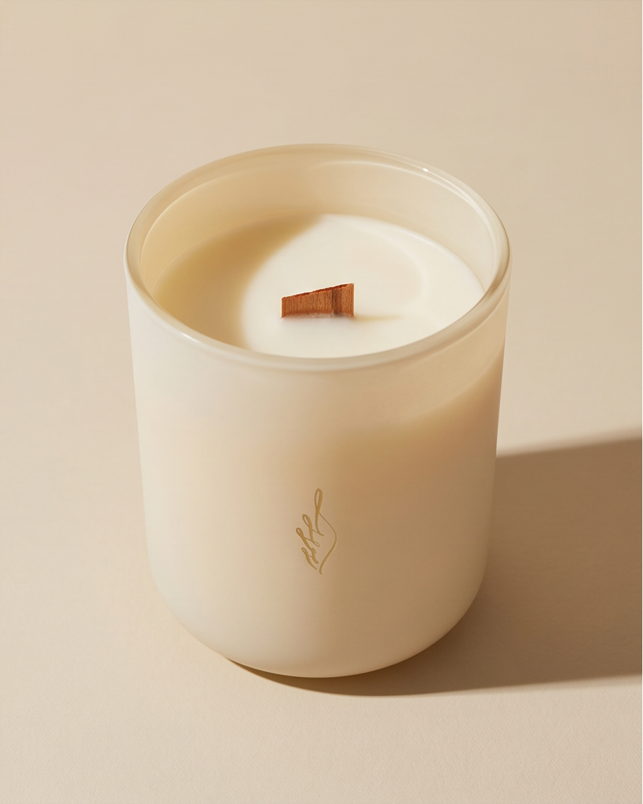 The Lab limited-edition soy candle by The Phoenix Candles in an ivory matte glass vessel, showing a smooth ivory wax pour and FSC-certified wooden wick, with a laser engraved brand flame logo on the front, photographed at an angle on a warm cream background.