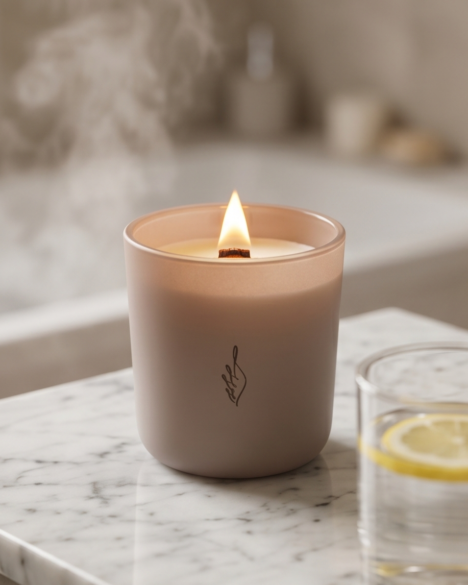 The Nurture crystal-infused soy candle by The Phoenix Candles burning in a matte blush reusable glass vessel with laser-engraved brand flame logo and wooden wick flame glowing warm, displayed on a marble bath tray beside a glass of lemon water, with a steaming bath and softly blurred bathroom setting in the background.