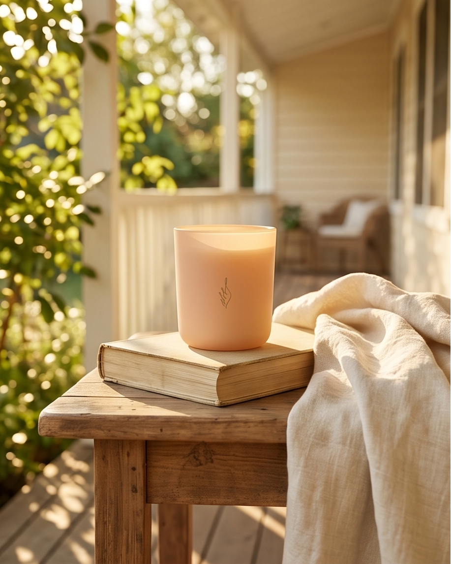 The Optimism crystal-infused soy candle by The Phoenix Candles in a matte peach reusable glass vessel with laser-engraved brand flame logo, displayed lidless on top of a weathered hardcover book on a rustic wood side table, with a draped cream linen cloth beside it and a sun-drenched porch with lush green foliage softly blurred in the background.