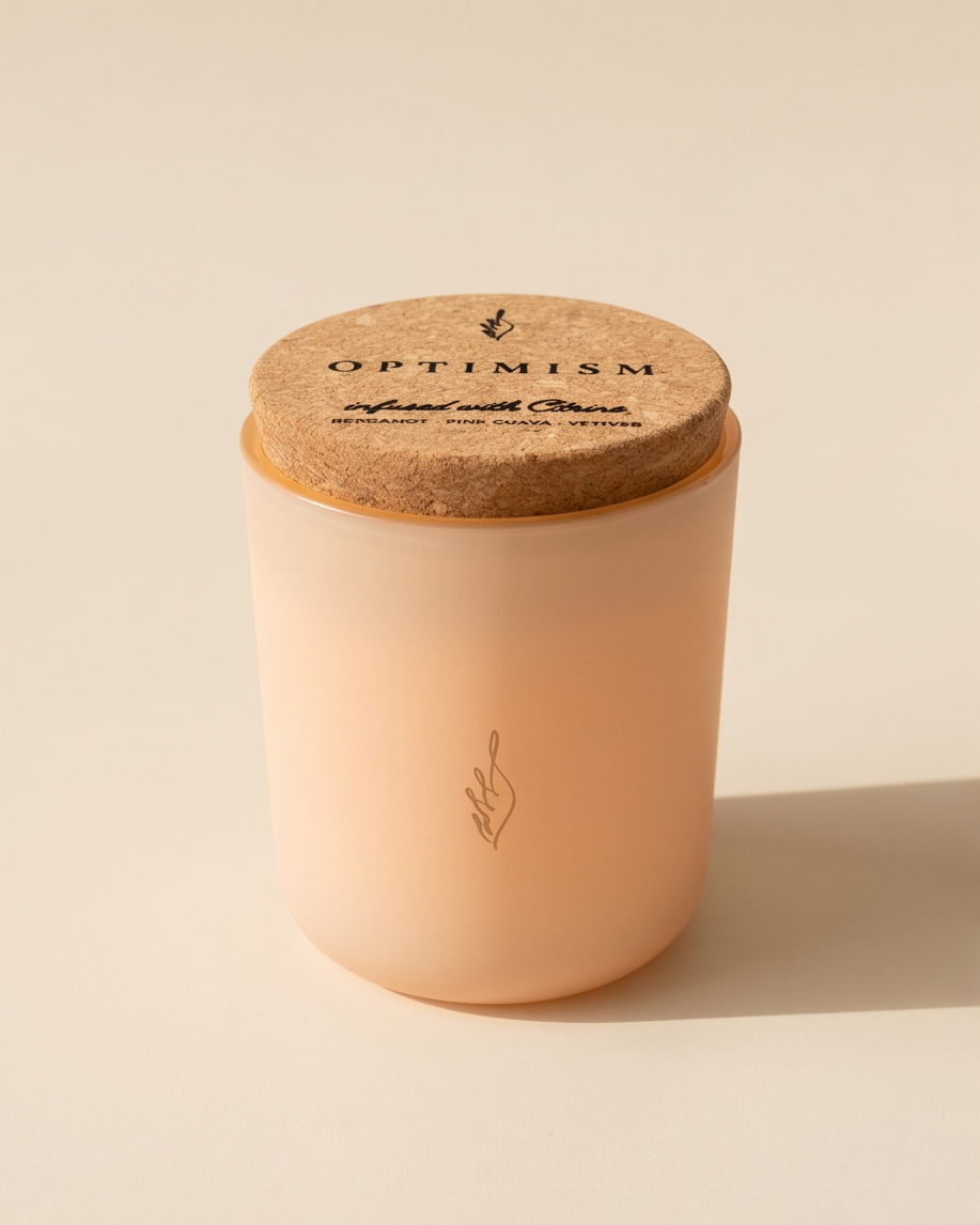 The Optimism crystal-infused soy candle by The Phoenix Candles in a matte peach reusable glass vessel with cork lid laser-engraved with "Optimism – Infused with Citrine, Bergamot, Pink Guava, Vetiver" and laser-engraved brand flame logo centered on the front, photographed straight-on against a warm cream background with a soft natural shadow at the base.