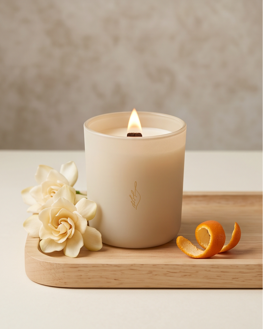 The Perseverance soy candle by The Phoenix Candles burning on a light wood tray, with a wooden wick flame glowing inside a matte cream glass vessel, styled alongside a fresh gardenia bloom and a curled citrus peel to represent the candle's Mandarin, Sea Gardenia, and Cypress scent notes.
