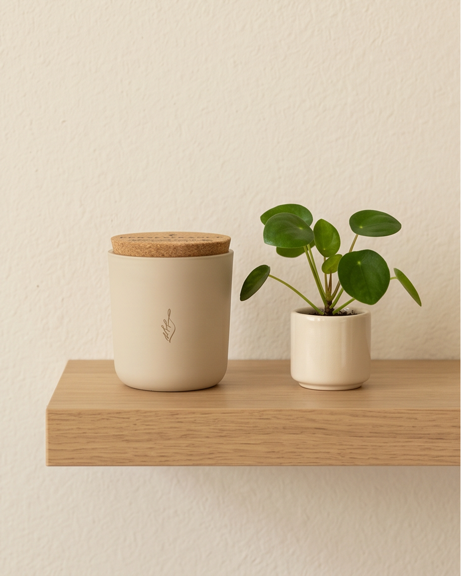 The Perseverance soy candle by The Phoenix Candles in a matte cream reusable glass vessel with cork lid, styled on a light oak shelf alongside a small potted pilea plant, against a warm textured cream wall.