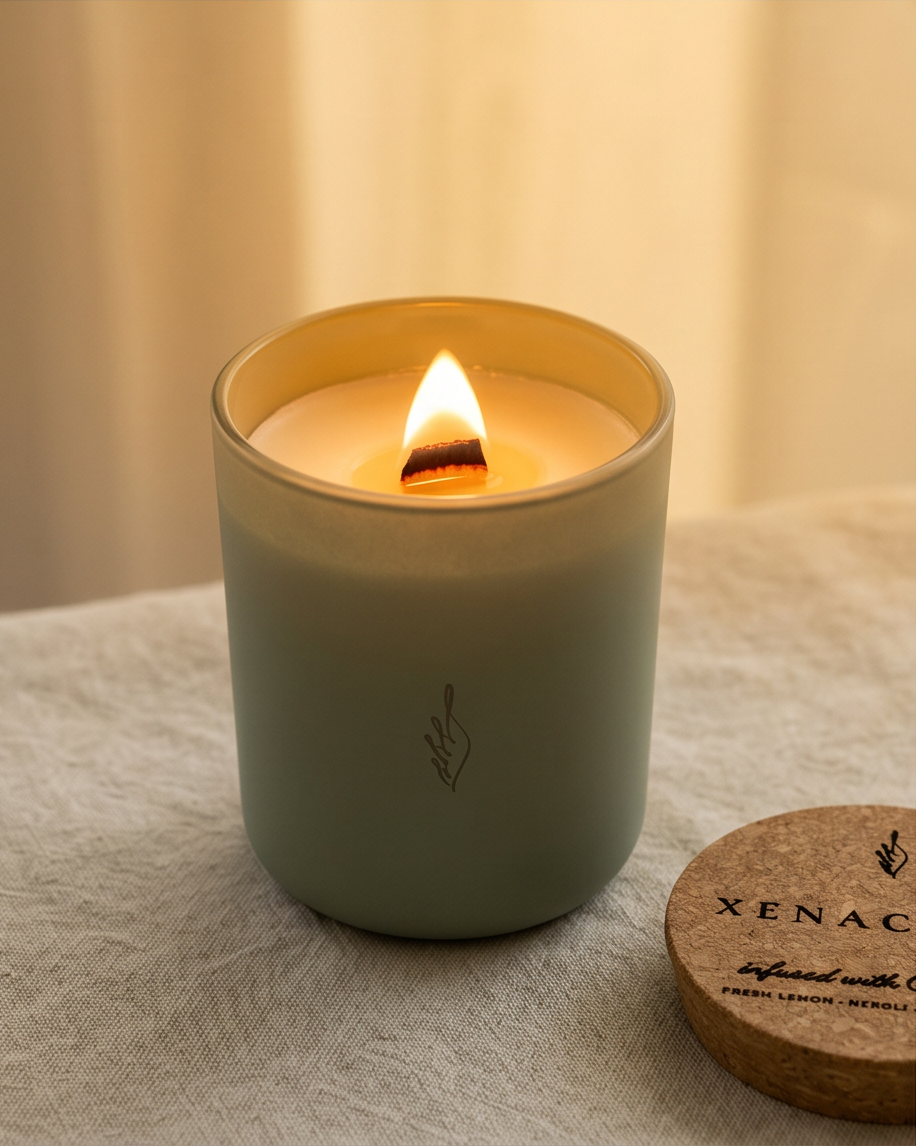 The Xenacious crystal-infused soy candle by The Phoenix Candles burning in a matte sage green reusable glass vessel, wooden wick flame glowing warm against ivory wax, with the laser-engraved brand logo visible on the front and the cork lid engraved with "Xenacious – Infused with Carnelian, Fresh Lemon, Neroli" resting beside it on a linen surface against a warm golden backdrop.
