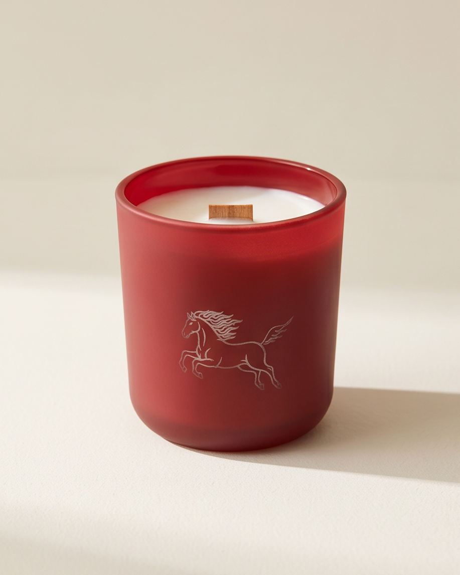 The Year of the Fire Horse limited-edition soy candle by The Phoenix Candles in a matte red reusable glass vessel with a laser-engraved rearing horse illustration with flowing flame mane and FSC-certified wooden wick, photographed lidless straight-on against a warm cream background with a soft natural shadow at the base.