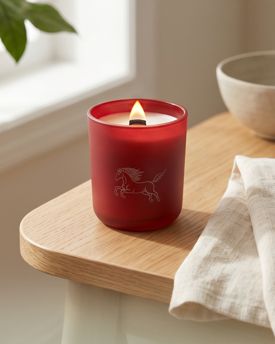 The Year of the Fire Horse limited-edition soy candle by The Phoenix Candles burning in a matte red reusable glass vessel with a laser-engraved rearing horse illustration, wooden wick flame glowing warm, displayed on a light oak side table with a folded linen cloth, a ceramic bowl, and a leafy green plant softly blurred in a bright natural light setting.