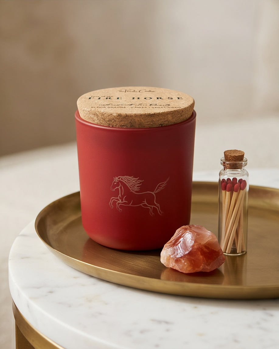 The Year of the Fire Horse limited-edition soy candle by The Phoenix Candles in a matte red reusable glass vessel with laser-engraved rearing horse illustration and cork lid engraved "Year of the Fire Horse – Infused with Fire Opal, Blood Orange, Anise, Cedarwood," displayed on a brushed gold tray on a marble table alongside a raw Fire Opal crystal and a small corked glass vial of red-tipped matches, against a warm taupe background.