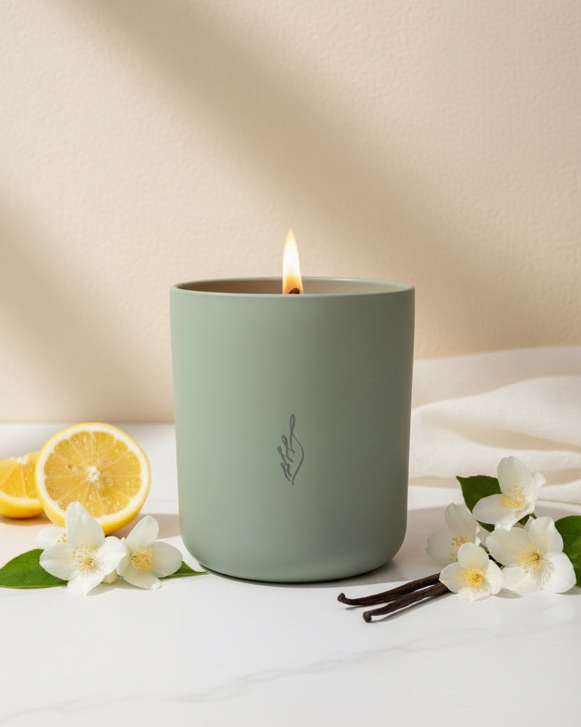 Xenacious aromachology soy candle by The Phoenix Candles in a matte sage green vessel with a lit wooden wick, styled with halved lemons, white jasmine blossoms, and vanilla bean pods on white marble