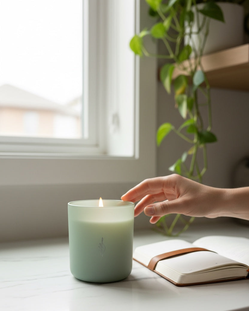 Hand reaching toward a lit Xenacious aromachology soy candle in matte sage green vessel beside an open journal on a bright windowsill