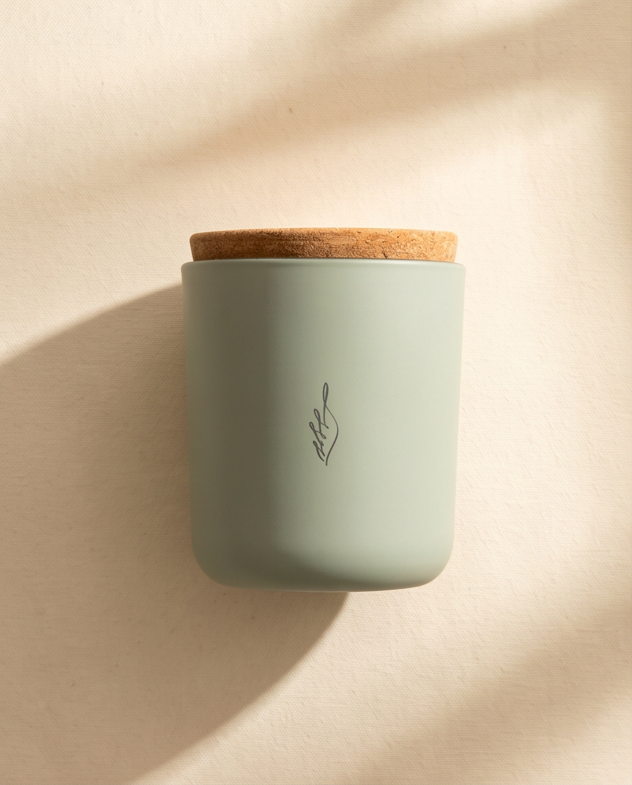 The Xenacious crystal-infused soy candle by The Phoenix Candles in a matte sage green reusable glass vessel with cork lid and laser-engraved brand flame logo, photographed at a slight angle against a warm cream fabric background with natural leaf shadows casting across the surface.