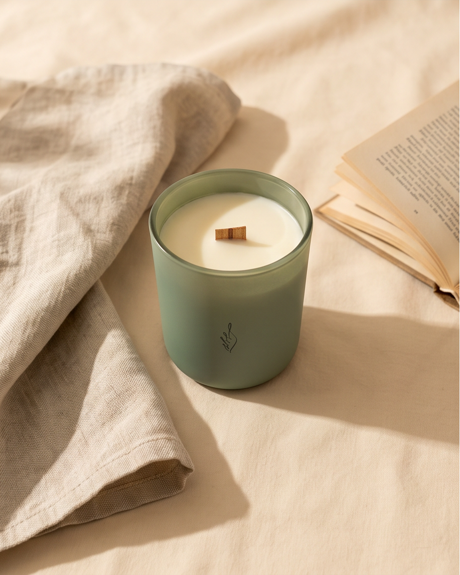 The Xenacious crystal-infused soy candle by The Phoenix Candles in a matte sage green reusable glass vessel with laser-engraved brand logo and FSC-certified wooden wick, styled on a cream linen surface alongside a folded linen cloth and an open book, with warm natural light casting soft shadows.