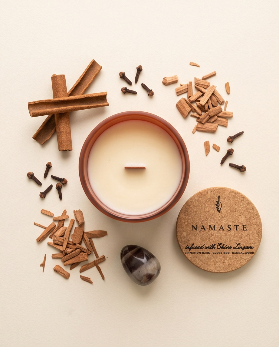 Namaste soy candle in matte clay terracotta vessel with cork lid, surrounded by cinnamon bark, clove buds, and sandalwood chips, with a Shiva Lingam crystal beside it on a cream background