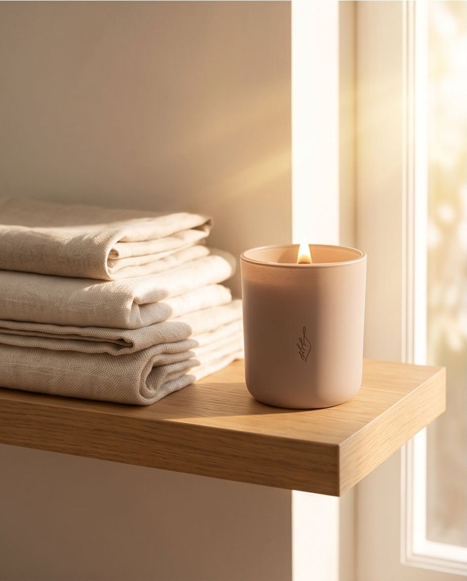A lit blush soy candle on a wood shelf beside folded cream linens, with soft golden window light behind.