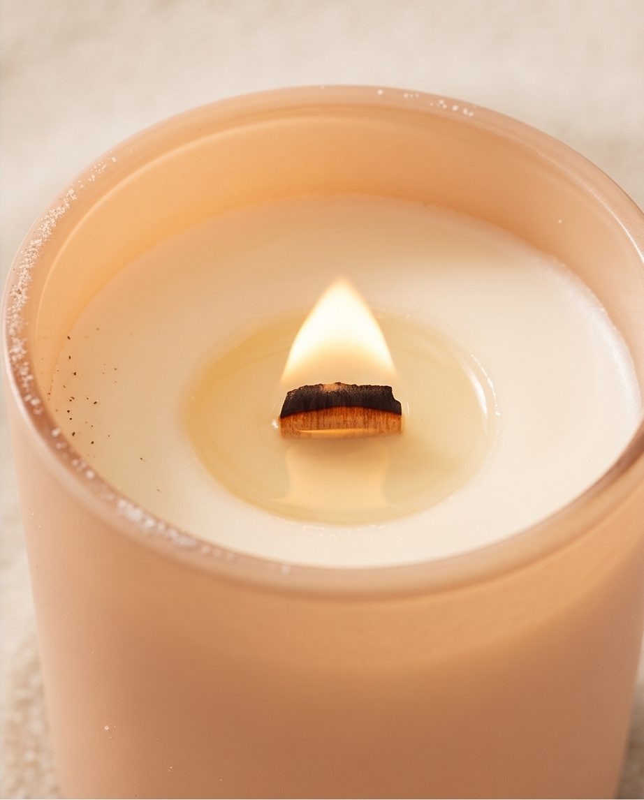 Closeup of a lit wood wick burning in a peach soy candle, with a melted wax pool and soft natural light on sand.