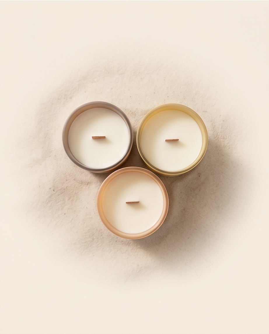 Overhead view of three unlit soy candles in blush, yellow, and peach vessels with wood wicks, arranged on pale sand.