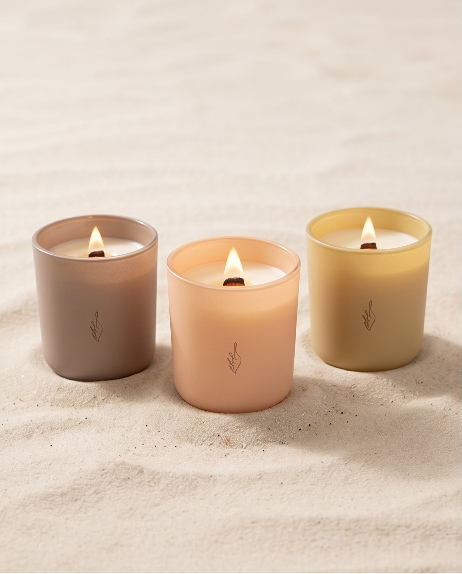 The Phoenix Candles Summer Edit bundle, three lit soy candles in blush, peach, and butter-yellow vessels grouped on pale beach sand.
